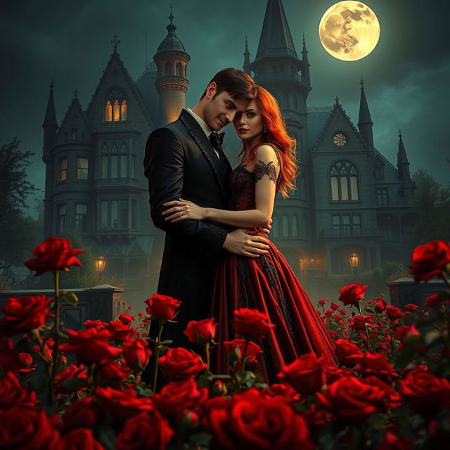 In the mesmerizing light of a full moon, an enchanting vampire couple holds each other close amidst a field of velvety red roses