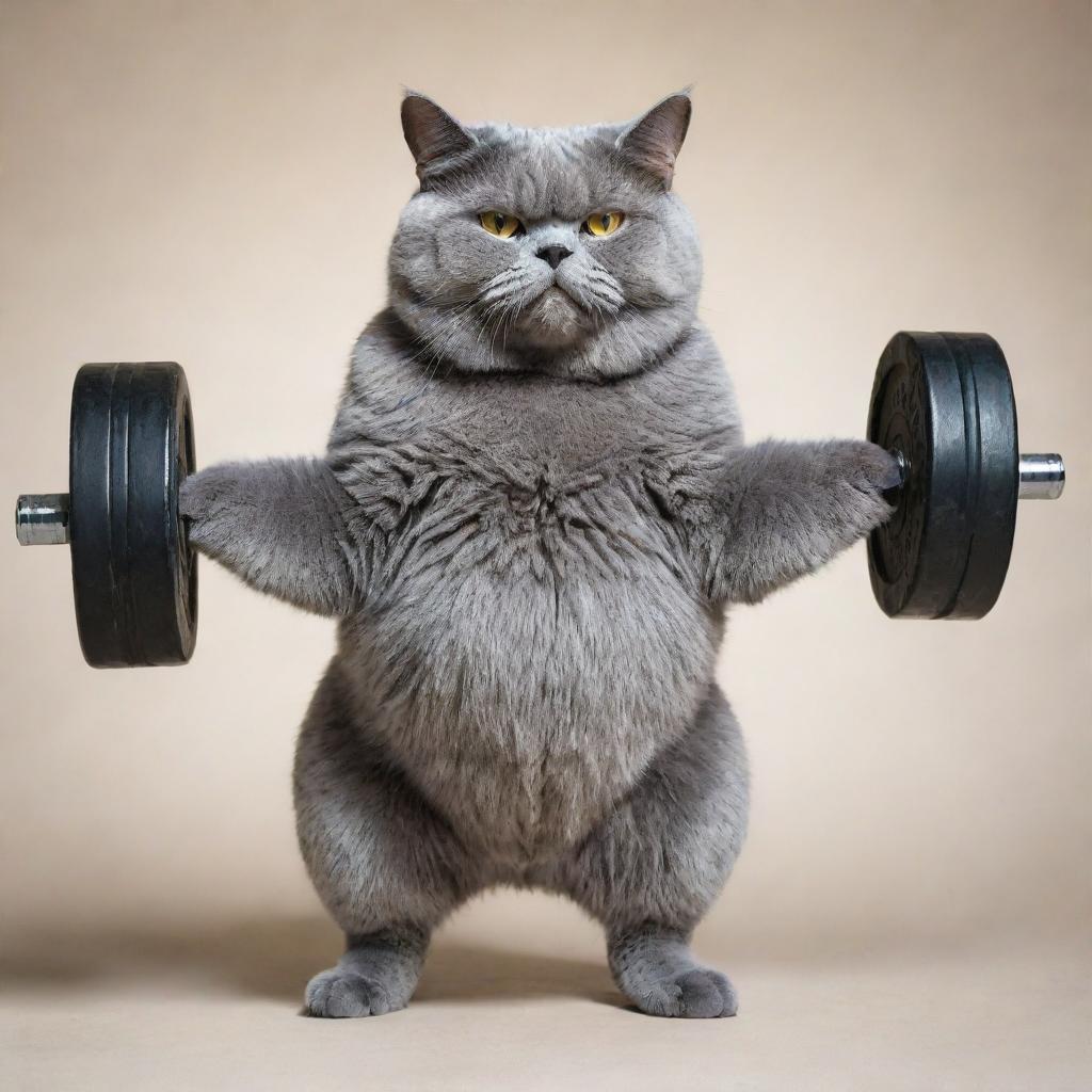 An extremely muscular bluish-grey cat lifting a weight with determination and strength.