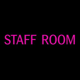 The words 'Staff Room' in vibrant pink, prominently displayed in bold, elegant typography centered against a deep black background