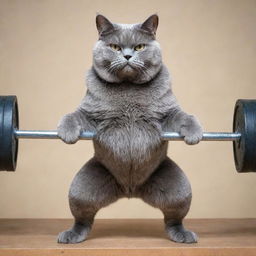 An extremely muscular bluish-grey cat lifting a weight with determination and strength.