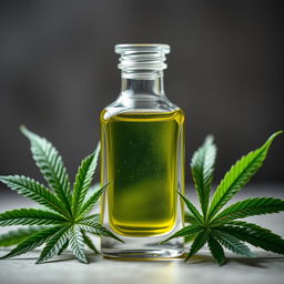 A close-up shot of a transparent glass bottle filled with rich, green cannabis oil