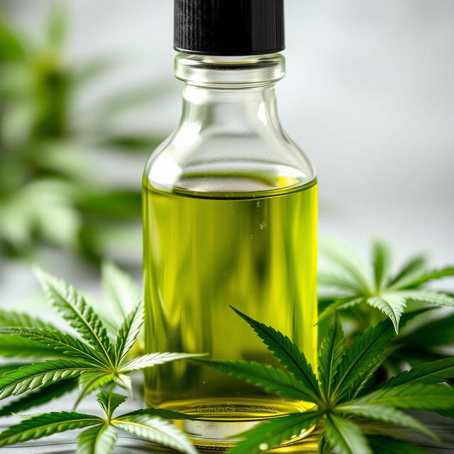 A close-up shot of a transparent glass bottle filled with rich, green cannabis oil