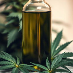 A close-up shot of a transparent glass bottle filled with rich, green cannabis oil