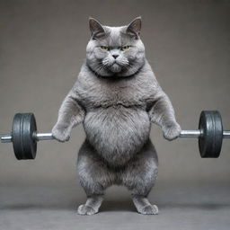 An extremely muscular bluish-grey cat lifting a weight with determination and strength.