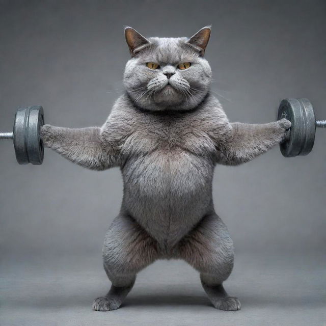 An extremely muscular bluish-grey cat lifting a weight with determination and strength.