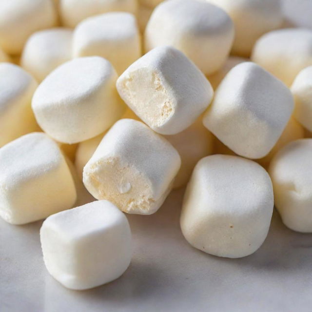 A close-up of Pastillas sweets with soft, fluffy marshmallow cores. The Pastillas show cream-colored, sugary exteriors with a peek of white marshmallow inside.