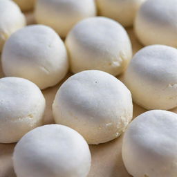 A close-up of Pastillas sweets with soft, fluffy marshmallow cores. The Pastillas show cream-colored, sugary exteriors with a peek of white marshmallow inside.