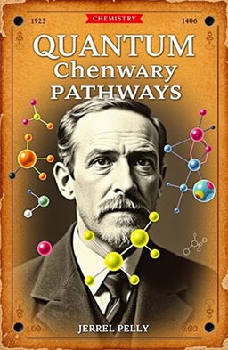 A vintage-style cover for a chemistry textbook featuring a prominent black and white photograph of Werner Heisenberg as the central background