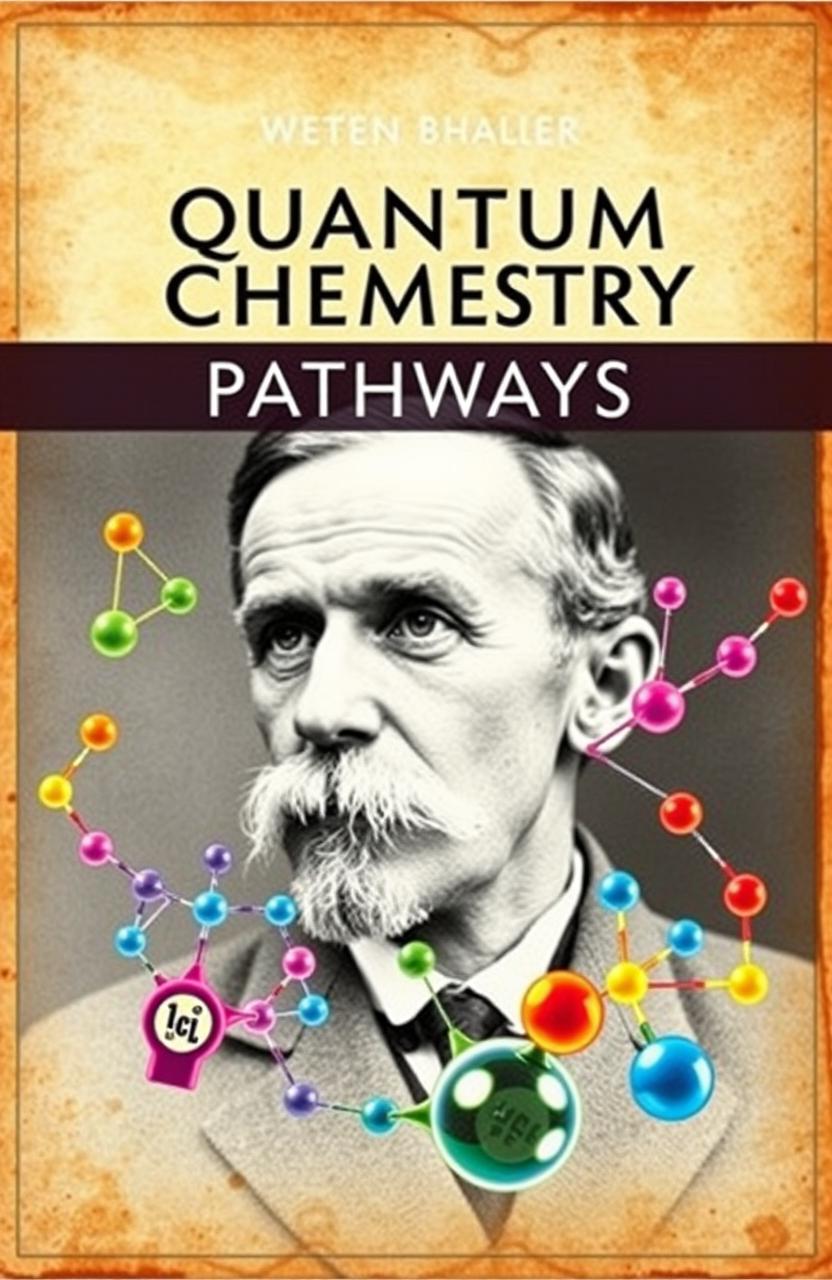 A vintage-style cover for a chemistry textbook featuring a prominent black and white photograph of Werner Heisenberg as the central background