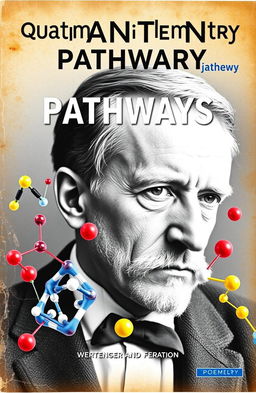 A vintage-style cover for a chemistry textbook featuring a prominent black and white photograph of Werner Heisenberg as the central background