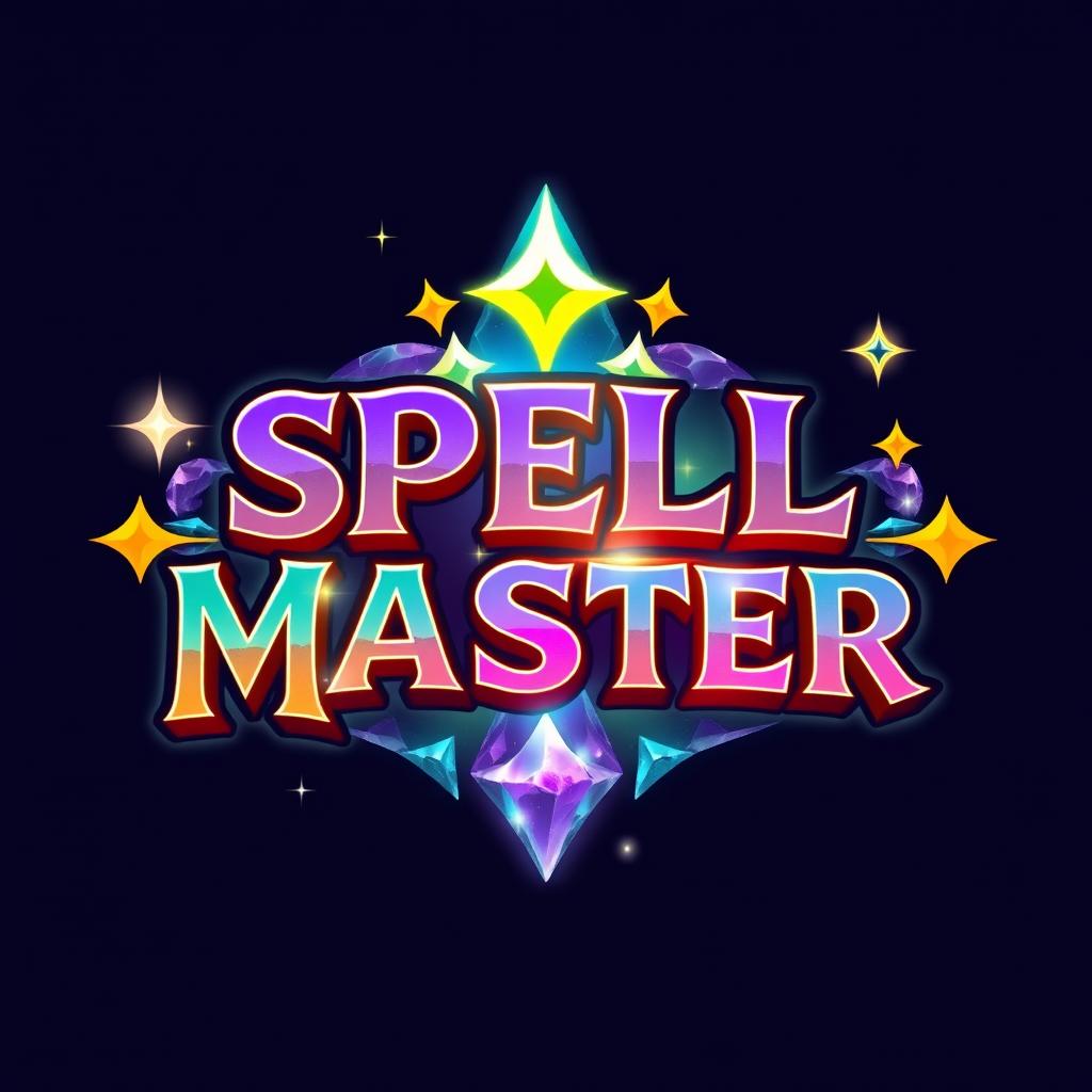 A vibrant logo inspired by the Power Stone logo, featuring the text 'SPELL MASTER' in a bold and adventurous font