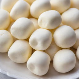 A close-up of Pastillas sweets with soft, fluffy marshmallow cores. The Pastillas show cream-colored, sugary exteriors with a peek of white marshmallow inside.