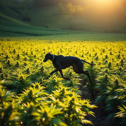 A lush green marijuana field with a black greyhound racing across the landscape