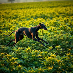 A lush green marijuana field with a black greyhound racing across the landscape