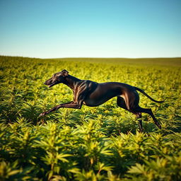 A lush green marijuana field with a black greyhound racing across the landscape