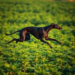 A lush green marijuana field with a black greyhound racing across the landscape