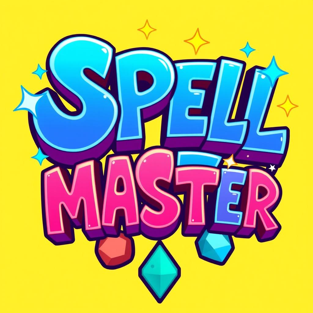 A cartoony logo inspired by the Power Stone game, featuring the text 'SPELL MASTER' in a playful and exaggerated font