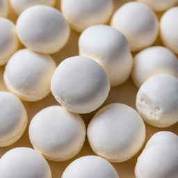 A close-up of Pastillas sweets with soft, fluffy marshmallow cores. The Pastillas show cream-colored, sugary exteriors with a peek of white marshmallow inside.