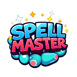 A cartoony logo inspired by the Power Stone game, featuring the text 'SPELL MASTER' in a playful and exaggerated font