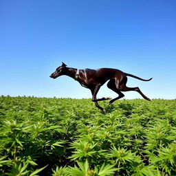 A vibrant green marijuana field with a black greyhound running through it, capturing the energy and speed of the greyhound as it dashes across the lush green plants