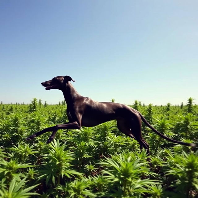 A vibrant green marijuana field with a black greyhound running through it, capturing the energy and speed of the greyhound as it dashes across the lush green plants