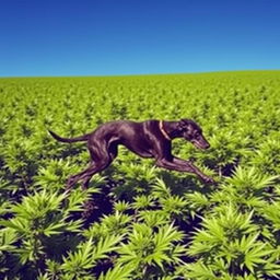 A vibrant green marijuana field with a black greyhound running through it, capturing the energy and speed of the greyhound as it dashes across the lush green plants