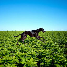 A vibrant green marijuana field with a black greyhound running through it, capturing the energy and speed of the greyhound as it dashes across the lush green plants