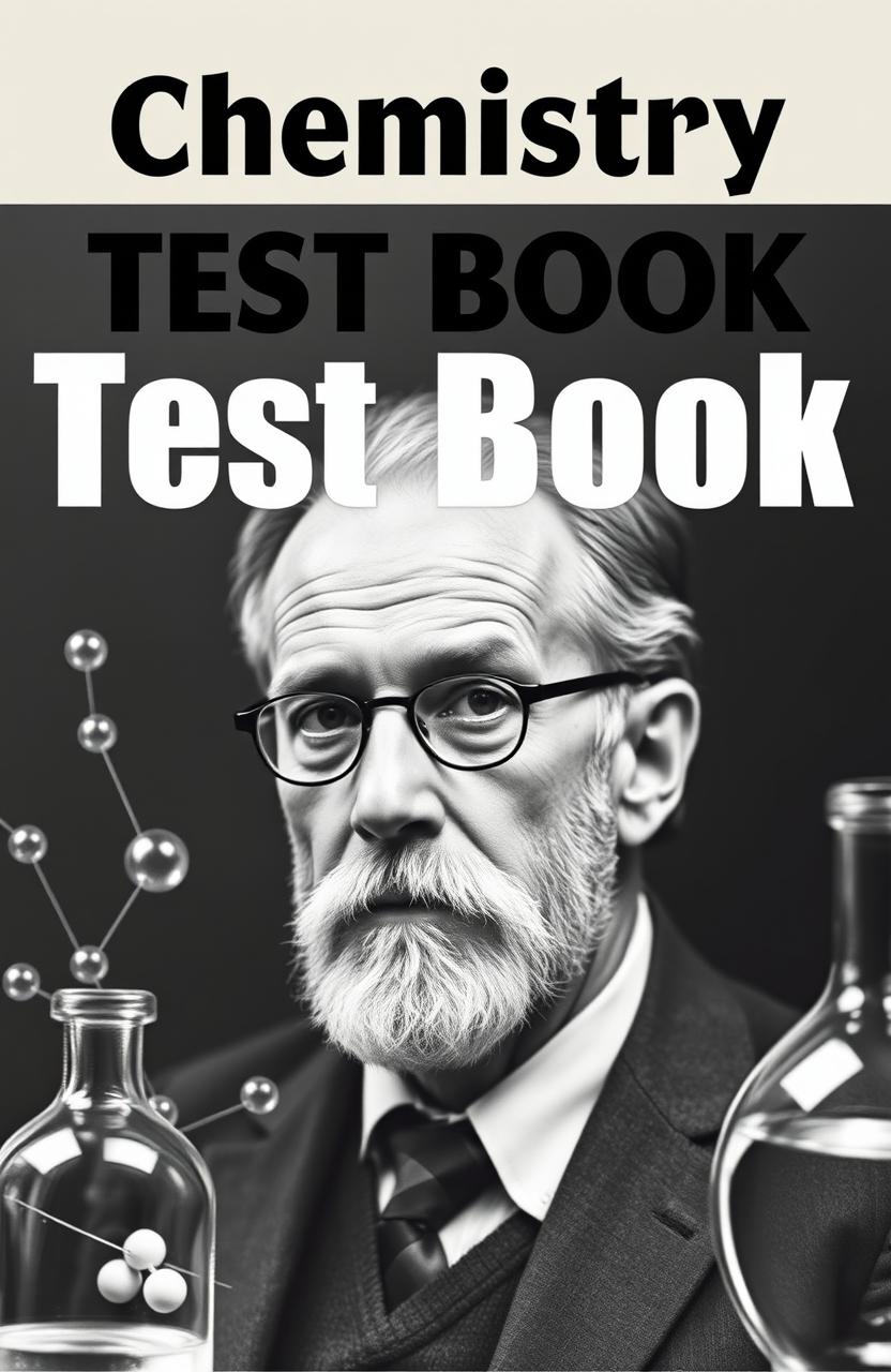 A captivating chemistry test book cover with a classic image of Werner Heisenberg subtly integrated into the background