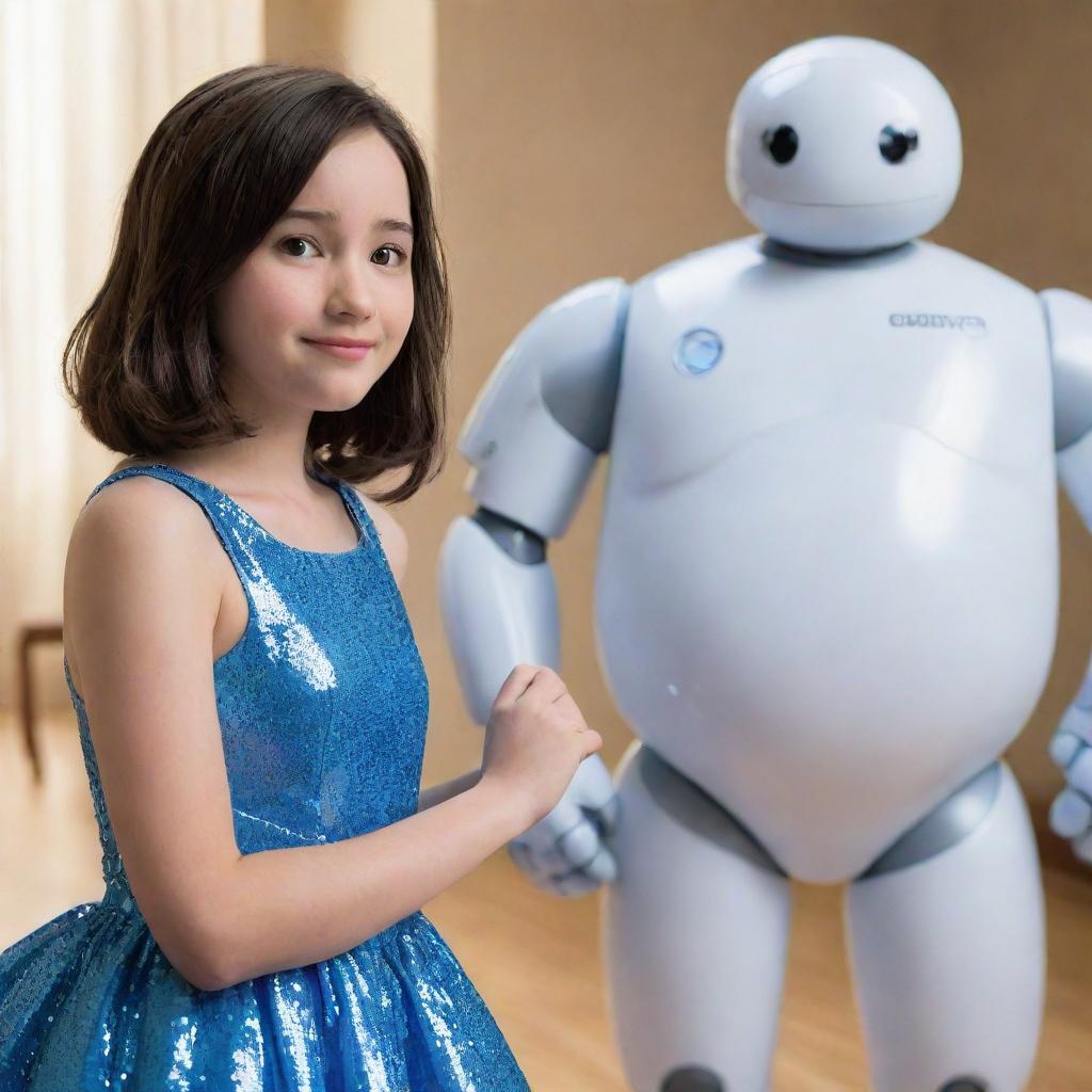 A brunette girl with shoulder-length hair, wearing a shimmering blue crystal dress, standing proudly next to Baymax, the lovable healthcare companion robot from the movie Big Hero 6.