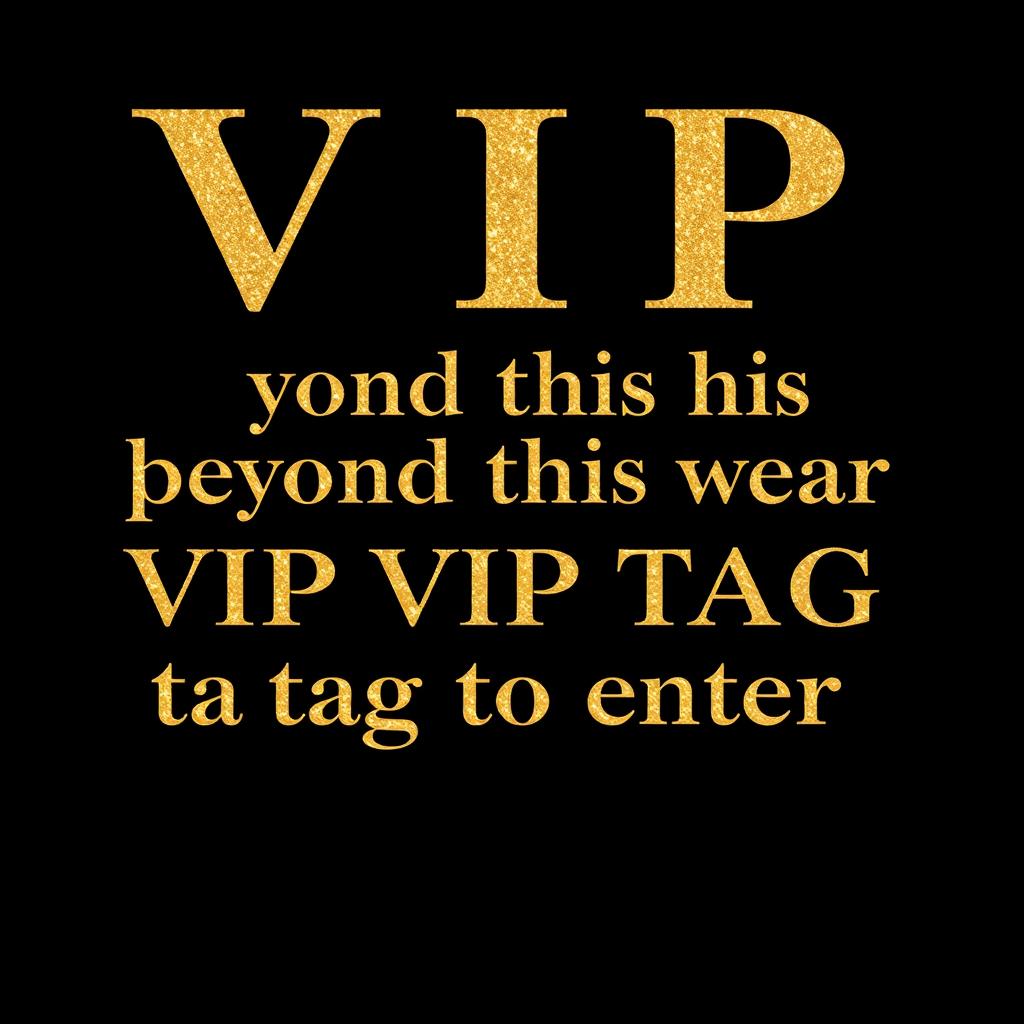 The phrase 'VIP beyond this point need to wear VIP tag to enter' in luxurious, shimmering gold font, elegantly displayed across a deep black background