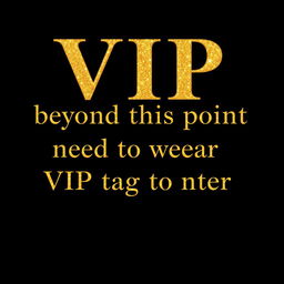 The phrase 'VIP beyond this point need to wear VIP tag to enter' in luxurious, shimmering gold font, elegantly displayed across a deep black background