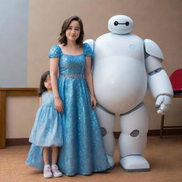 A brunette girl with shoulder-length hair, wearing a shimmering blue crystal dress, standing proudly next to Baymax, the lovable healthcare companion robot from the movie Big Hero 6.