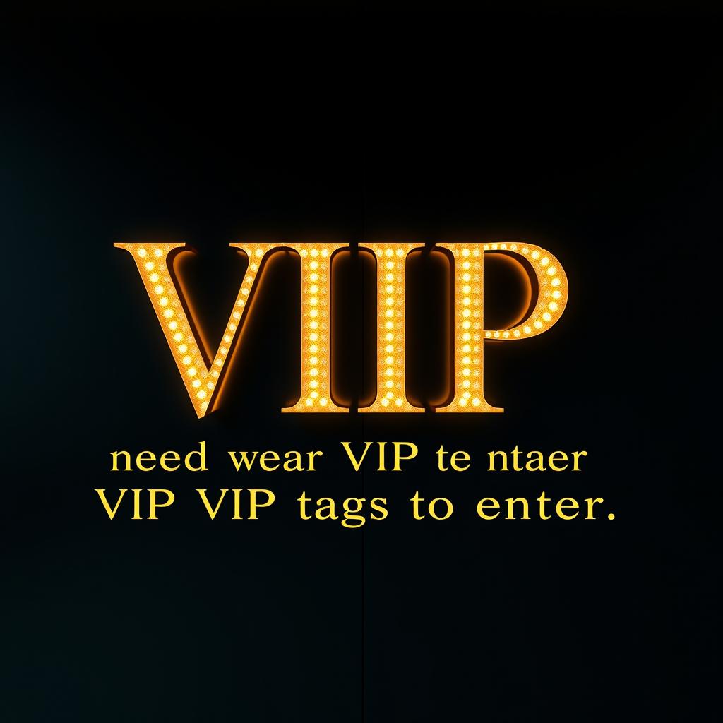 The words 'VIP beyond this point need to wear VIP tag to enter' rendered in a radiant, luminous gold font, set against a sleek black background