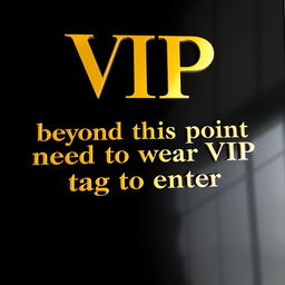 The phrase 'VIP beyond this point need to wear VIP tag to enter' crafted in opulent, rich gold text, prominently displayed on a sleek black background