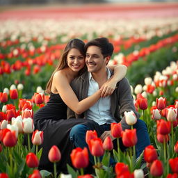 A beautiful woman in an elegant dress warmly embracing a casually dressed man, both sitting in a vibrant field of red and white tulips