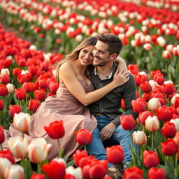 A beautiful woman in an elegant dress warmly embracing a casually dressed man, both sitting in a vibrant field of red and white tulips