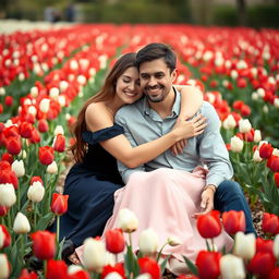 A beautiful woman in an elegant dress warmly embracing a casually dressed man, both sitting in a vibrant field of red and white tulips