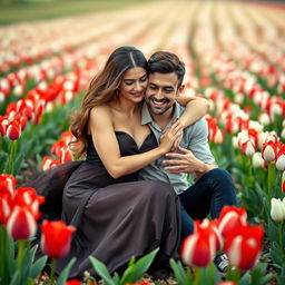 A beautiful woman in an elegant dress warmly embracing a casually dressed man, both sitting in a vibrant field of red and white tulips