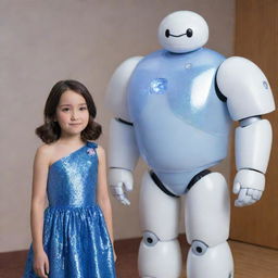 A brunette girl with shoulder-length hair, wearing a shimmering blue crystal dress, standing proudly next to Baymax, the lovable healthcare companion robot from the movie Big Hero 6.