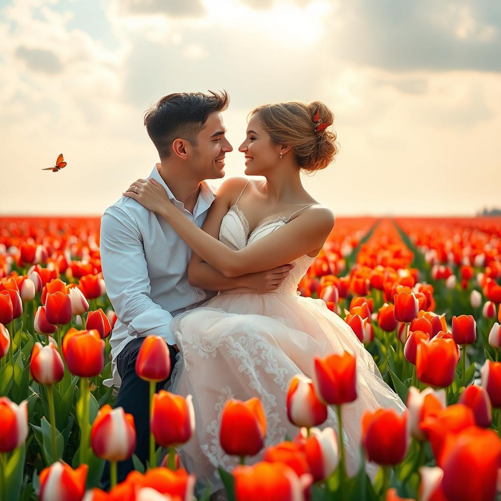 A young woman in a beautiful dress and a young man embracing while sitting in a field of red and white tulips