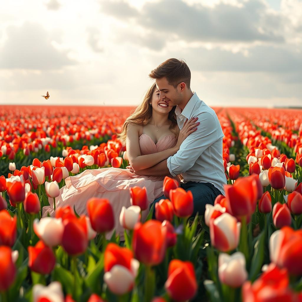 A young woman in a beautiful dress and a young man embracing while sitting in a field of red and white tulips