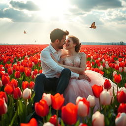 A young woman in a beautiful dress and a young man embracing while sitting in a field of red and white tulips