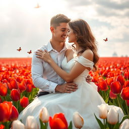 A young woman in a beautiful dress and a young man embracing while sitting in a field of red and white tulips