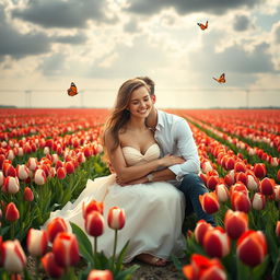 A stunning young woman in a beautiful dress and a handsome young man embracing while sitting in a field of red and white tulips