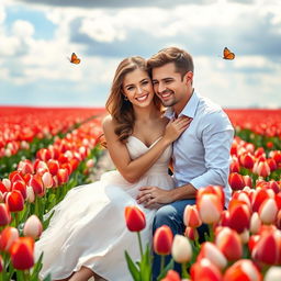 A stunning young woman in a beautiful dress and a handsome young man embracing while sitting in a field of red and white tulips