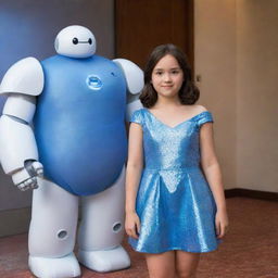 A brunette girl with shoulder-length hair, wearing a shimmering blue crystal dress, standing proudly next to Baymax, the lovable healthcare companion robot from the movie Big Hero 6.