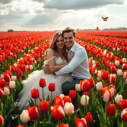 A stunning young woman in a beautiful dress and a handsome young man embracing while sitting in a field of red and white tulips