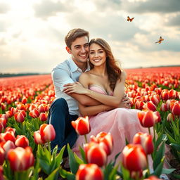 A stunning young woman in a beautiful dress and a handsome young man embracing while sitting in a field of red and white tulips