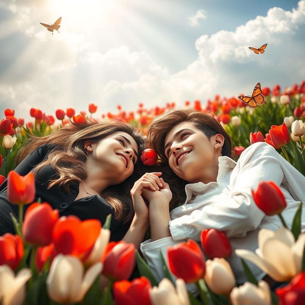 A beautiful young couple lying in a field of tulips, surrounded by vibrant red and white flowers