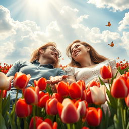 A beautiful young couple lying in a field of tulips, surrounded by vibrant red and white flowers